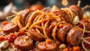 Spaghetti con salsicce legate con lo spago