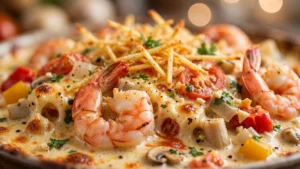 Gratinato di Gamberi con Cuori di Palma e Funghi